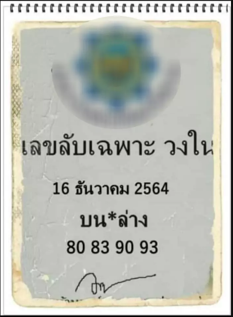 เลขลับวงใน งวด 16 ธันวาคม 2564